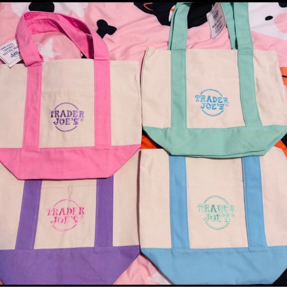 Trader Joes pastel Canvas Tote Bag Set - Pink, Green, Purple blue